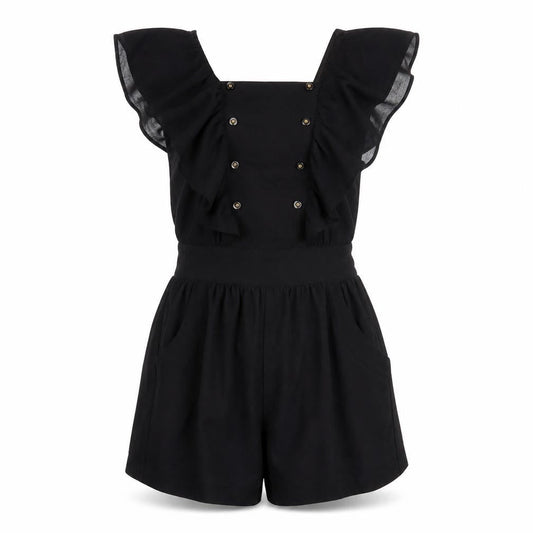 Front view of Miss Selfridge Black Women's Ruffle Playsuit, size 10