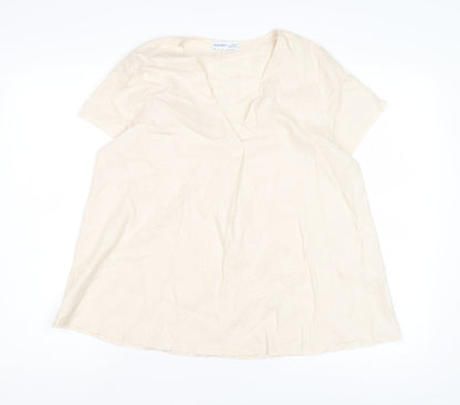 Blue Navy Women's Beige V-Neck Blouse, Size M, Casual