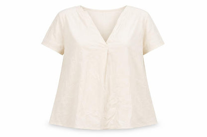 Blue Navy Women's Beige V-Neck Blouse, Size M, Casual