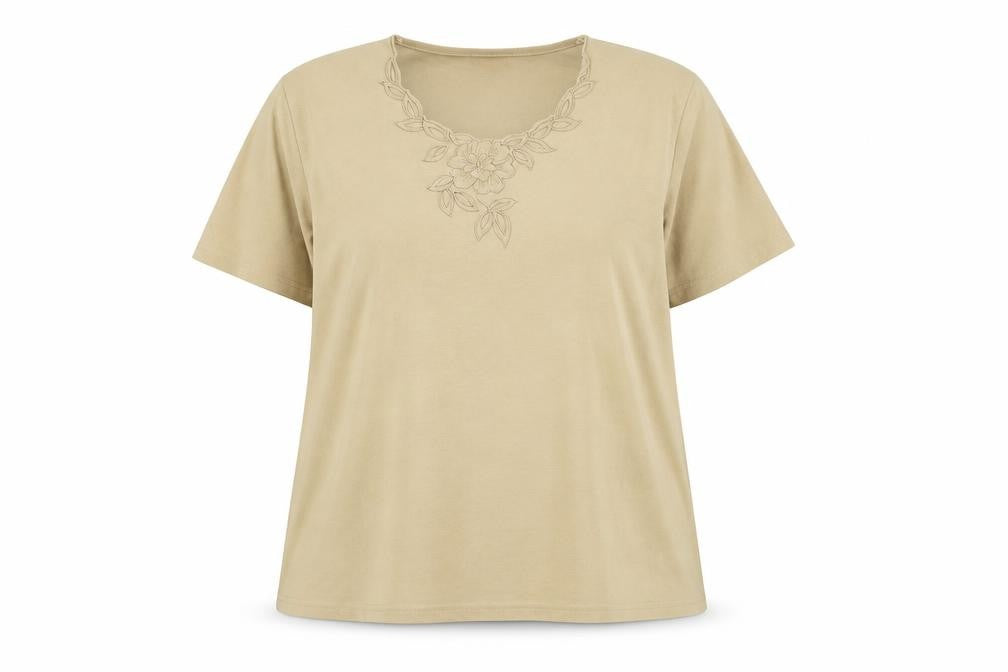 Front view of Roman Originals Women's Beige XL Embroidered T-Shirt