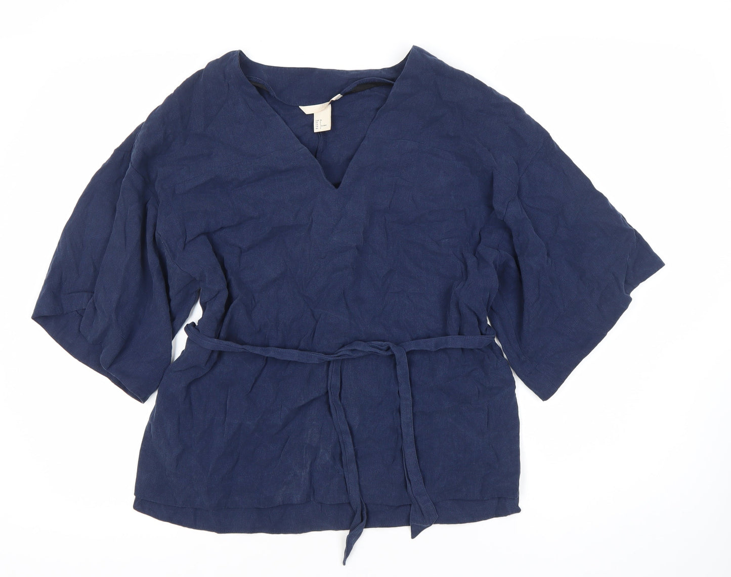 H&M Women's Blue Linen V-Neck Kimono Sleeve Top