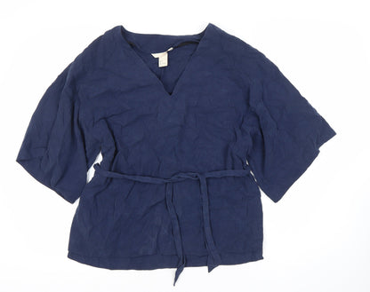 H&M Women's Blue Linen V-Neck Kimono Sleeve Top