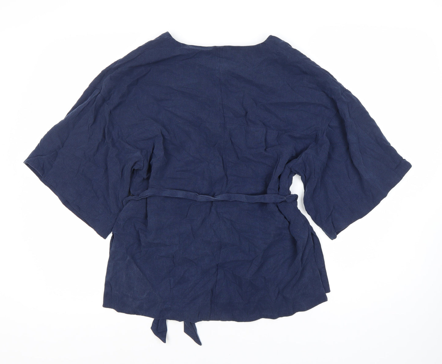 H&M Women's Blue Linen V-Neck Kimono Sleeve Top