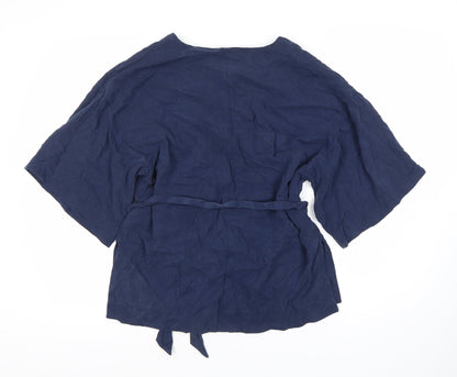 H&M Women's Blue Linen V-Neck Kimono Sleeve Top