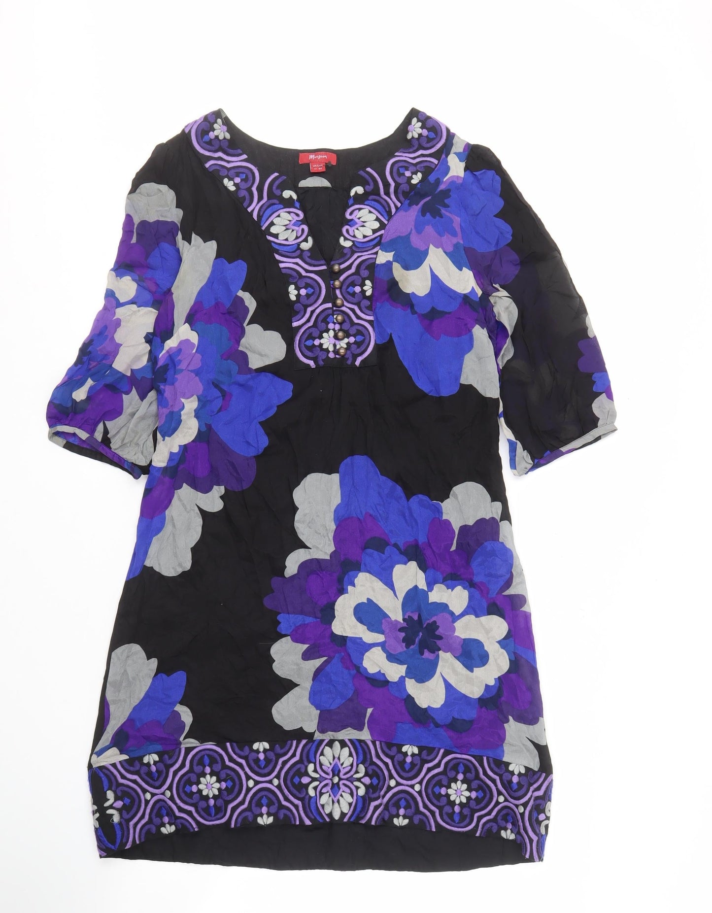 Monsoon Women's Black Floral Silk Dress Size 12