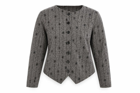 Front view of Nightingale Women's Grey Geometric Cardigan, size 14