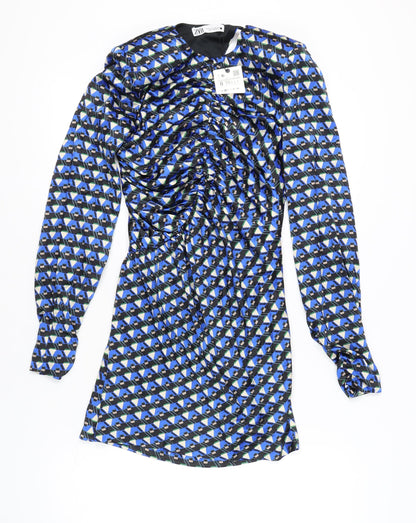 Zara Women's Blue Sheath Dress S Geometric Ruched