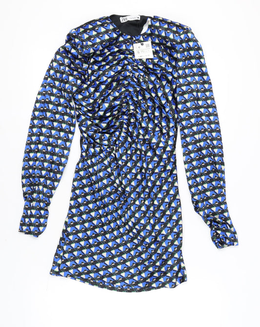 Zara Women's Blue Sheath Dress S Geometric Ruched
