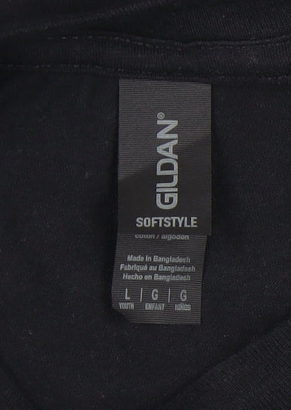Gildan Boys Black T-Shirt L Casual Short Sleeve Logo Top