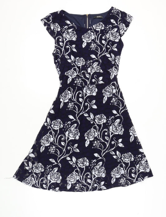 Quiz Women's Blue Floral Fit & Flare Dress, Size 12