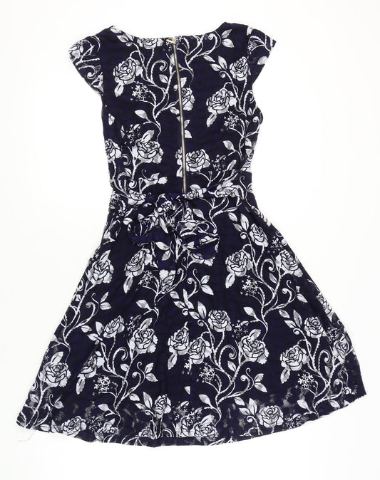 Quiz Women's Blue Floral Fit & Flare Dress, Size 12