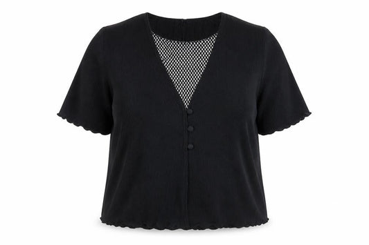 Front view of Canda Women's Black Button Blouse, size 18, - Casual Short Sleeve
