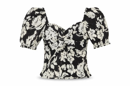 Front view of Mango Women's Black Floral Puff Sleeve Top M