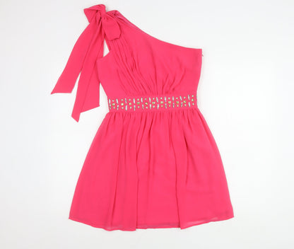 Lipsy Women’s Pink One-Shoulder Beaded Party Dress, Size 10