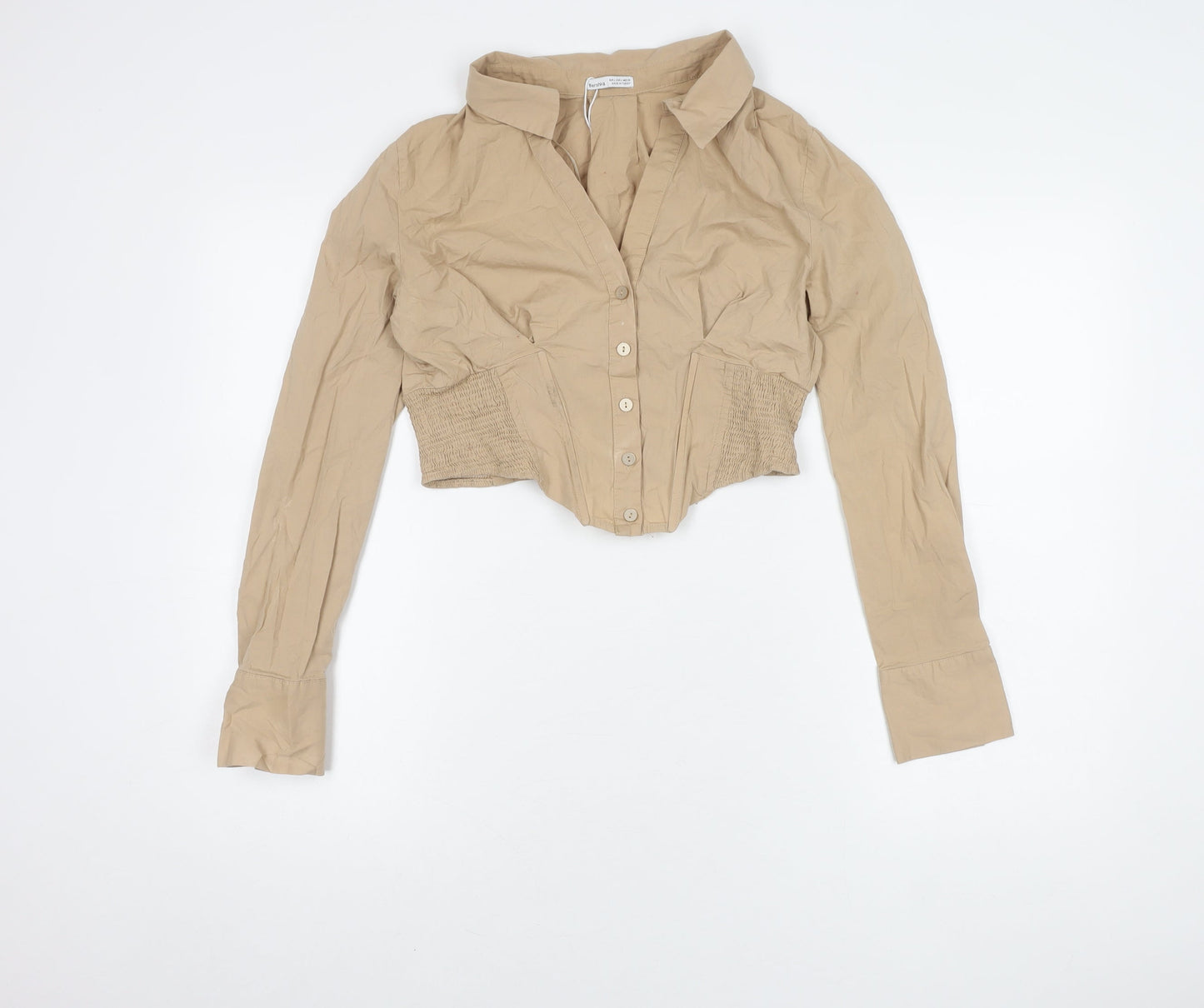Bershka Women's Beige Cropped Button-Up Shirt L
