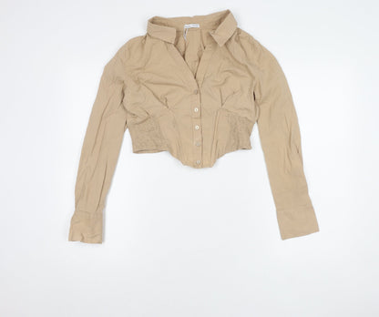 Bershka Women's Beige Cropped Button-Up Shirt L