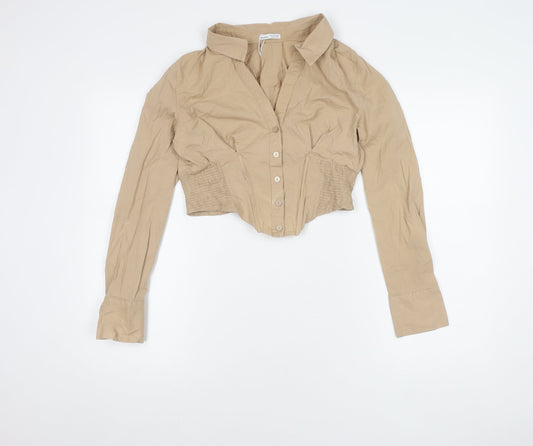 Bershka Women's Beige Cropped Button-Up Shirt L