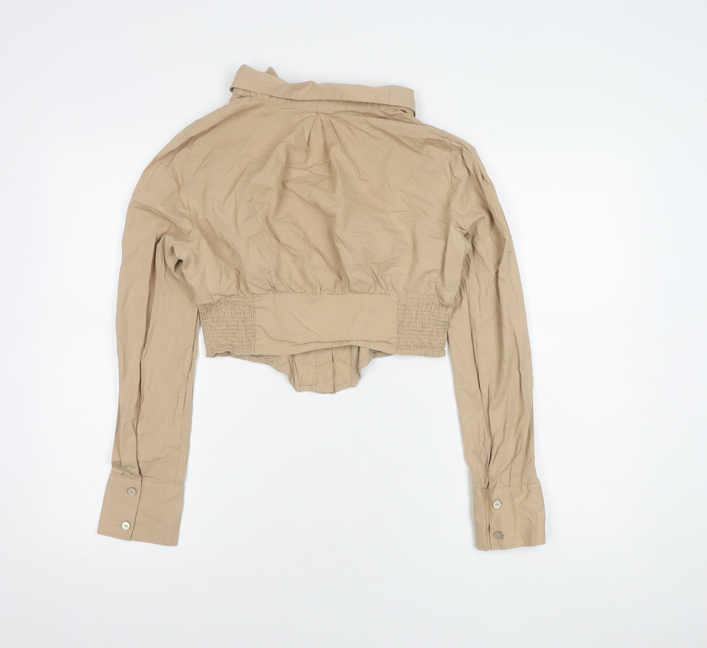 Bershka Women's Beige Cropped Button-Up Shirt L