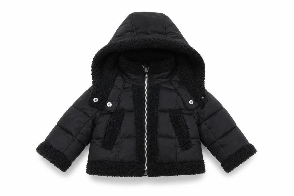 Front view of French Connection Black unisex baby puffer jacket 12 months