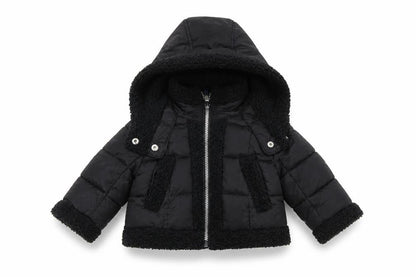 Front view of French Connection Black unisex baby puffer jacket 12 months