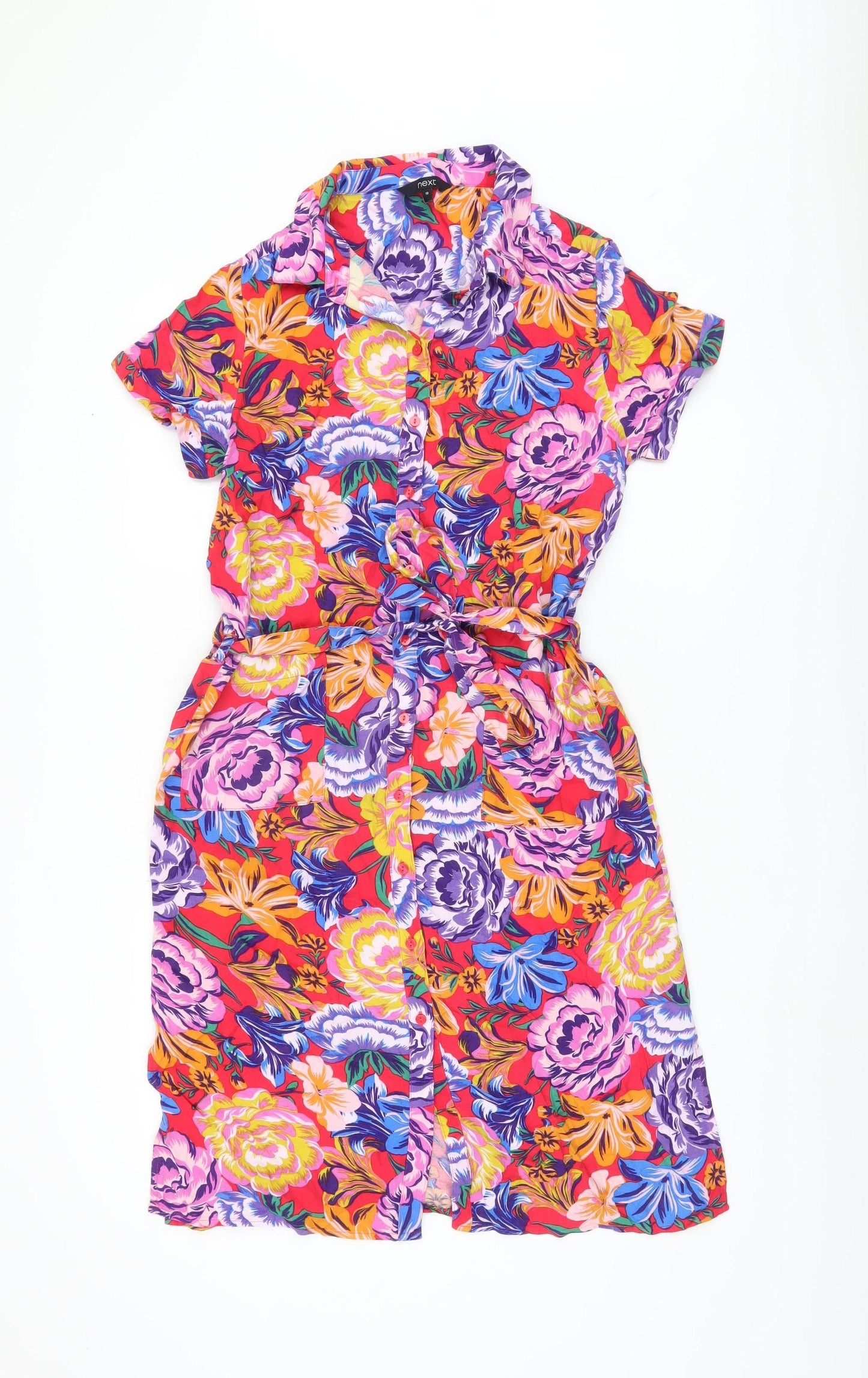 Next Women's Multicoloured Floral Belted Shirt Dress - Size 10