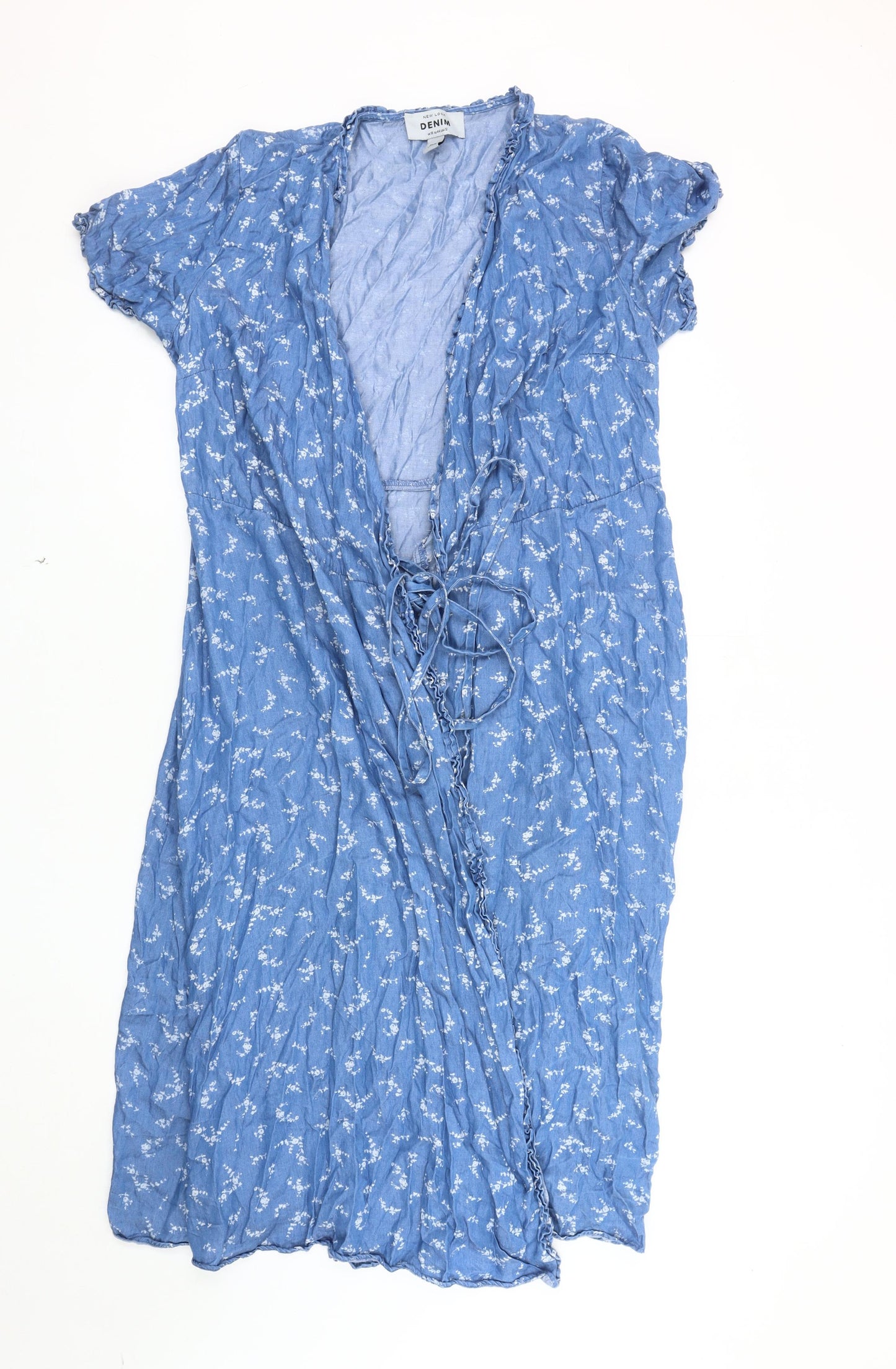 New Look Women's Blue Floral Dress Size 16 V-Neck Denim