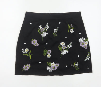 New Look Women's Black Floral Embroidered Skirt, Size 12