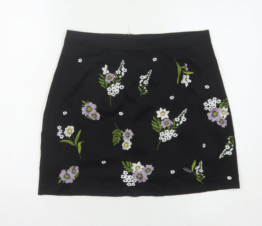 New Look Women's Black Floral Embroidered Skirt, Size 12