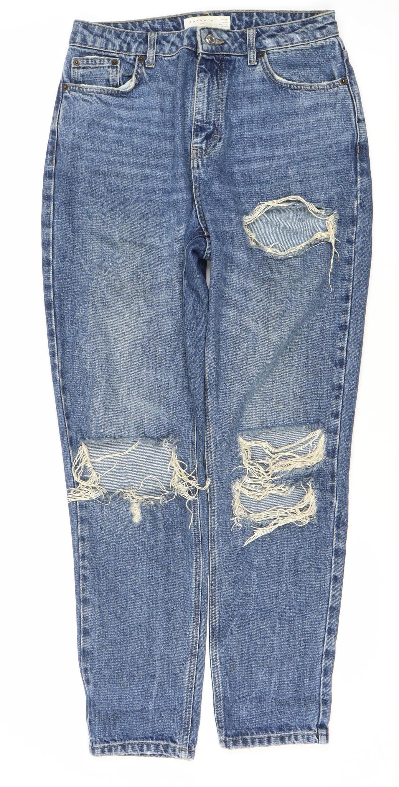 Topshop Women's Blue Distressed Mom Jeans Size 10