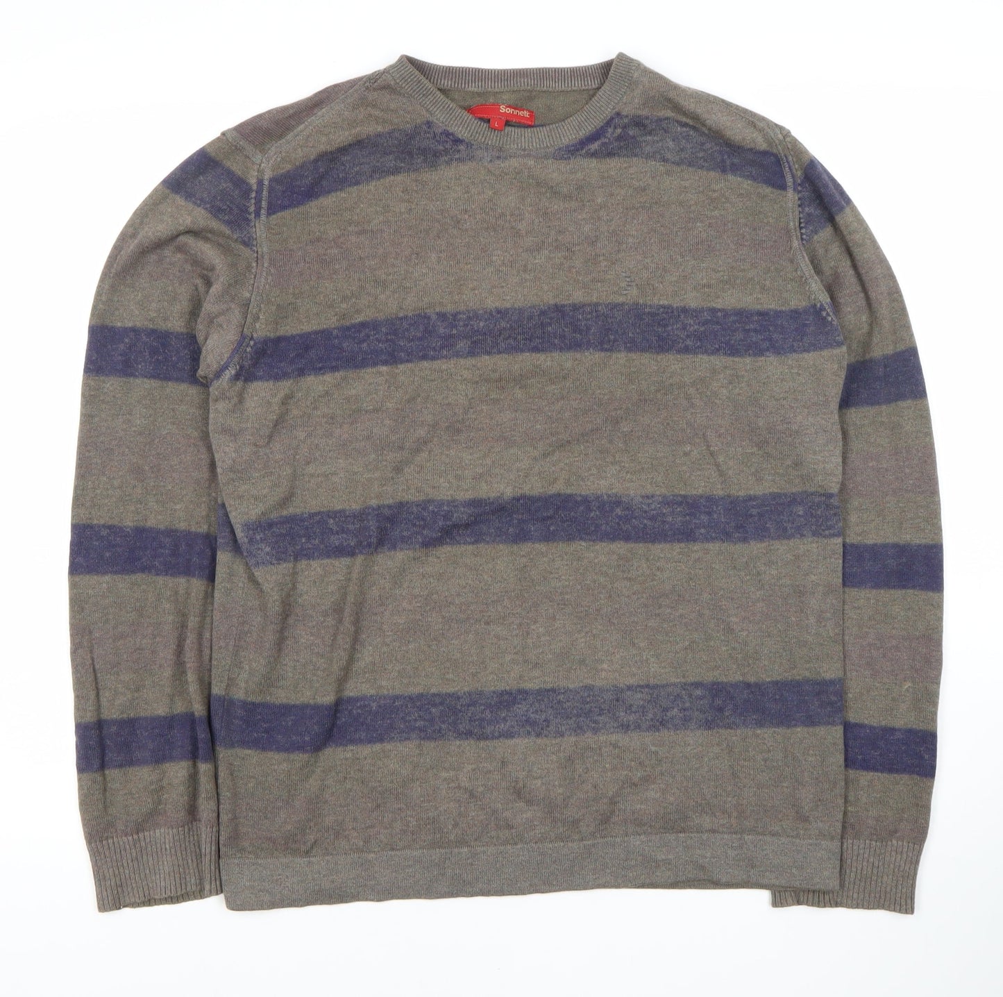 Sonneti Men's Grey Striped Cotton Pullover Jumper L