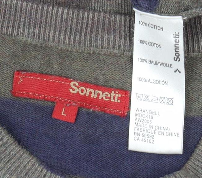 Sonneti Men's Grey Striped Cotton Pullover Jumper L