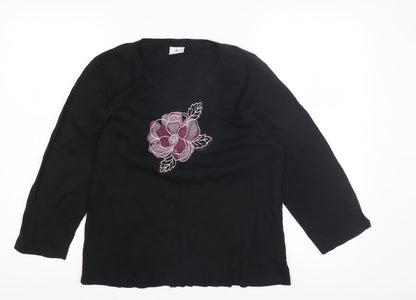 Xe Women's Black Embroidered T-Shirt, Size 16, Cotton