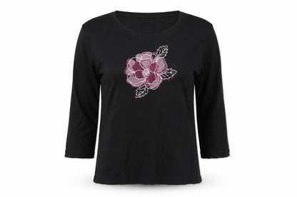 Xe Women's Black Embroidered T-Shirt, Size 16, Cotton