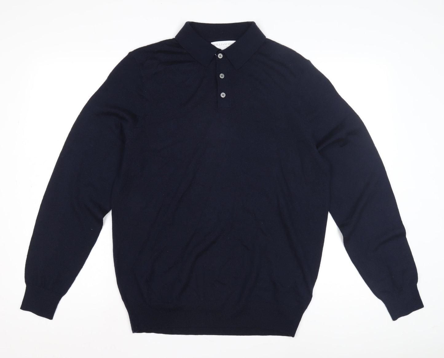 William Hunt Men's Collared Blue Wool Jumper - Large