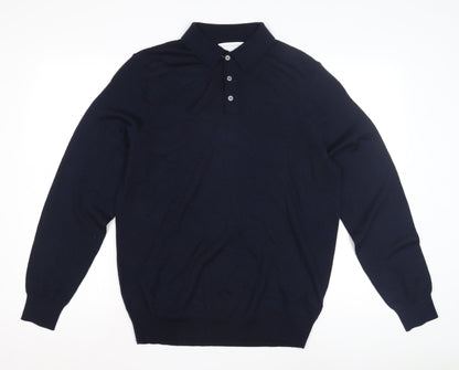 William Hunt Men's Collared Blue Wool Jumper - Large
