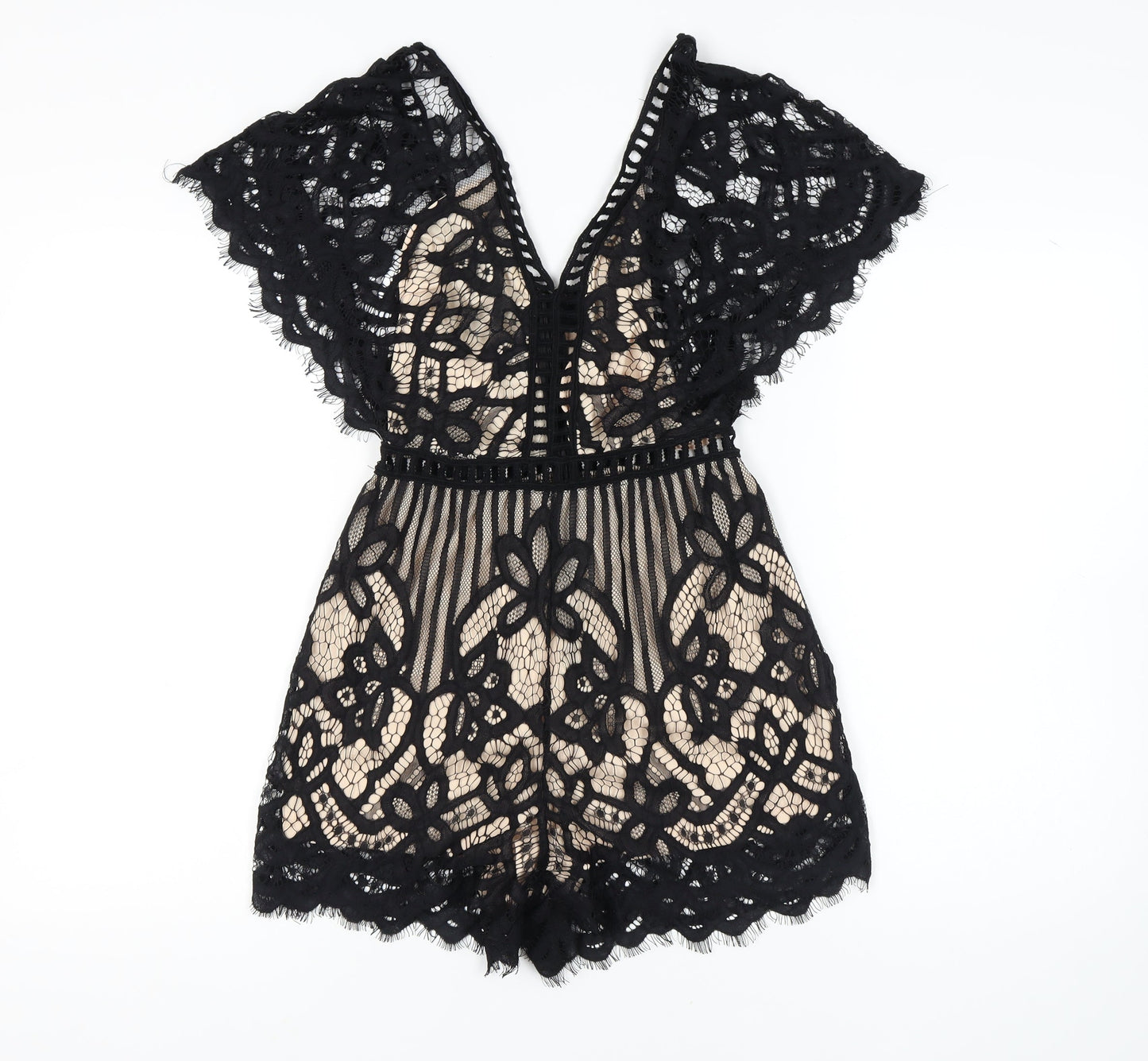 Quiz Women's Black Lace V-Neck Playsuit Size 8 Party