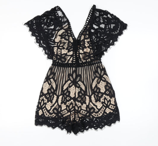 Quiz Women's Black Lace V-Neck Playsuit Size 8 Party