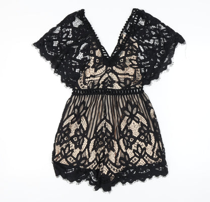 Quiz Women's Black Lace V-Neck Playsuit Size 8 Party