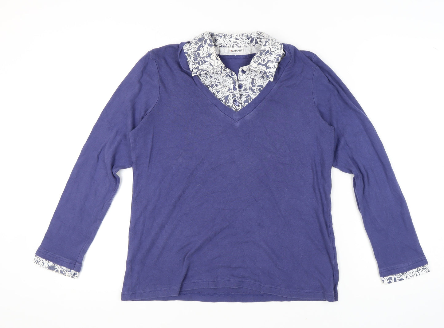 Damart Women's Blue V-Neck Cotton Top, Size M, Long Sleeve