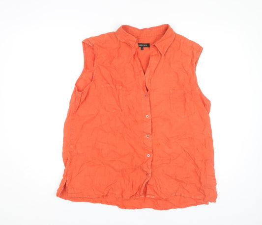 Jaeger Women's Orange Linen Button-Up Sleeveless Top