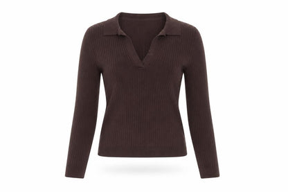 Front view of Zara Women’s Brown Long Sleeve V-Neck Knit Top