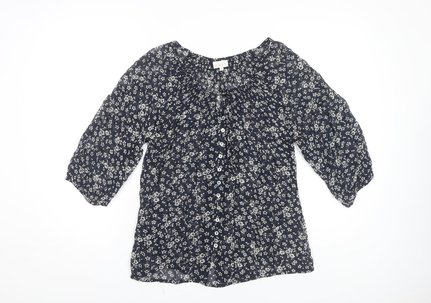 East Women's Blue Floral Blouse Size 10 Button Accents