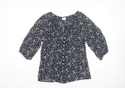 East Women's Blue Floral Blouse Size 10 Button Accents