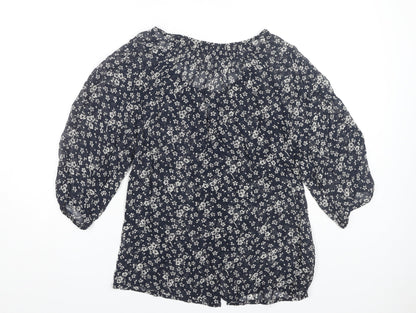 East Women's Blue Floral Blouse Size 10 Button Accents