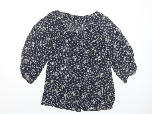 East Women's Blue Floral Blouse Size 10 Button Accents