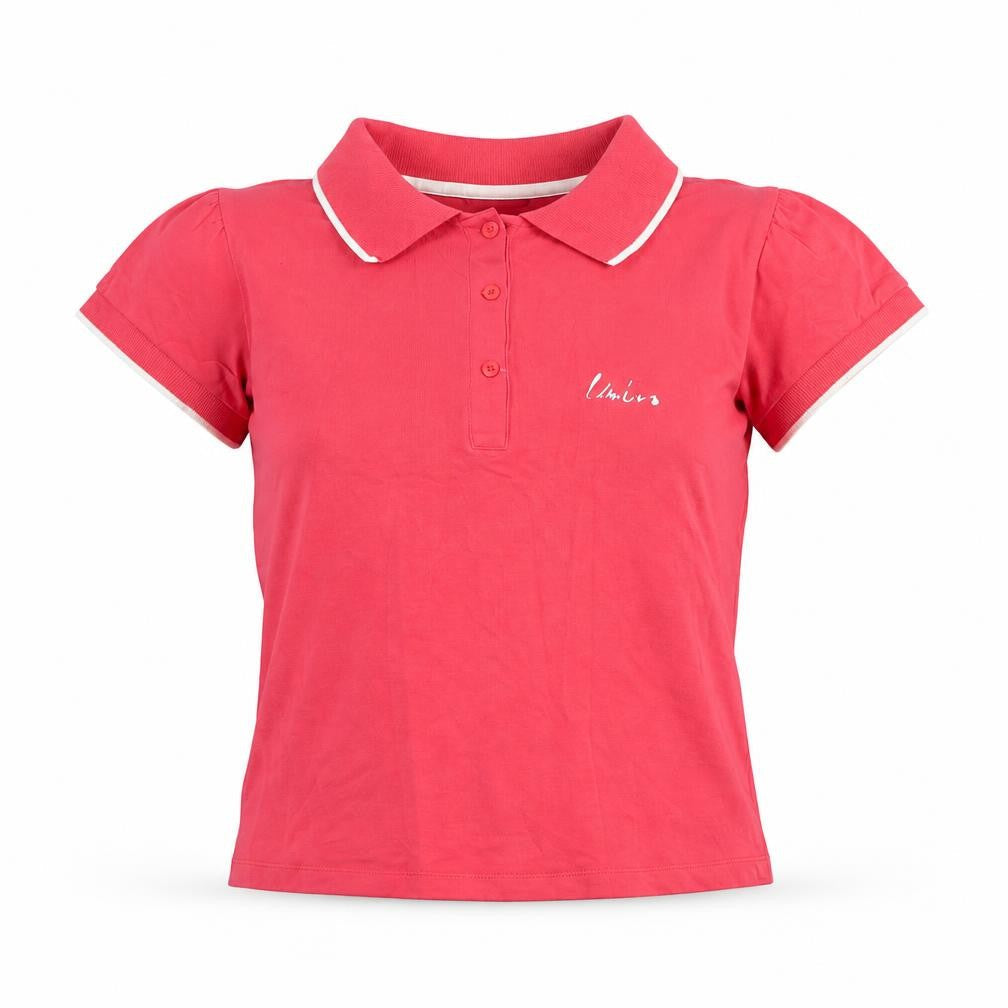 Front view of Umbro girls’ red polo shirt, size 12, collared button closure