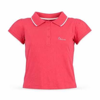 Front view of Umbro girls’ red polo shirt, size 12, collared button closure