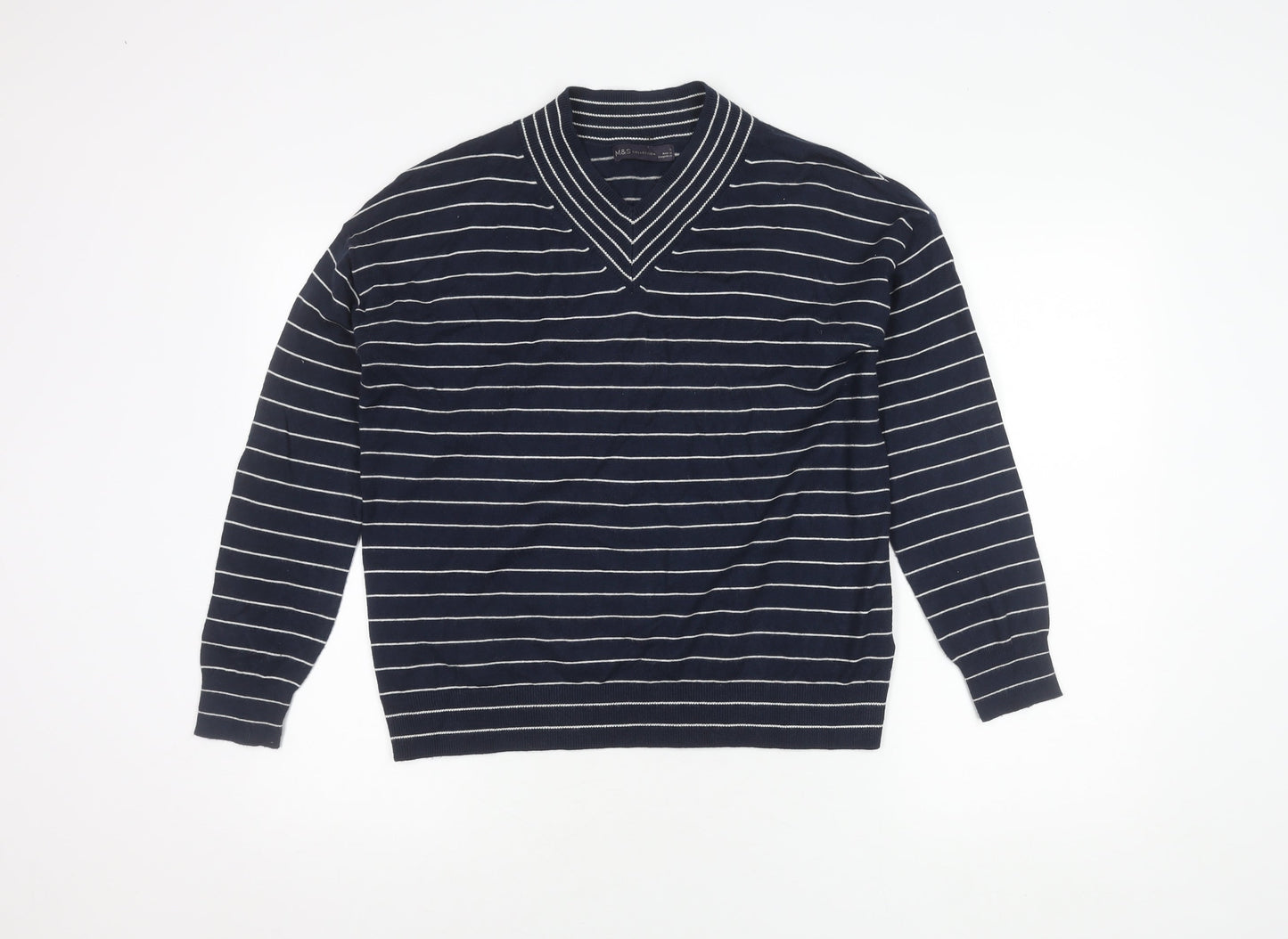 Marks and Spencer Men's Blue Striped V-Neck Jumper - S