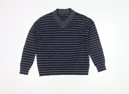 Marks and Spencer Men's Blue Striped V-Neck Jumper - S