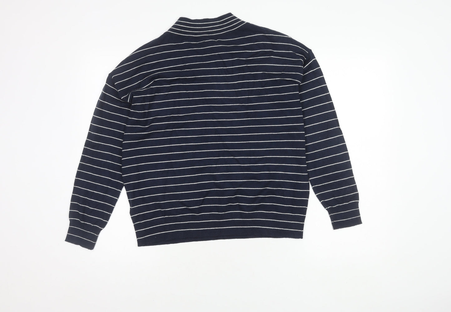 Marks and Spencer Men's Blue Striped V-Neck Jumper - S